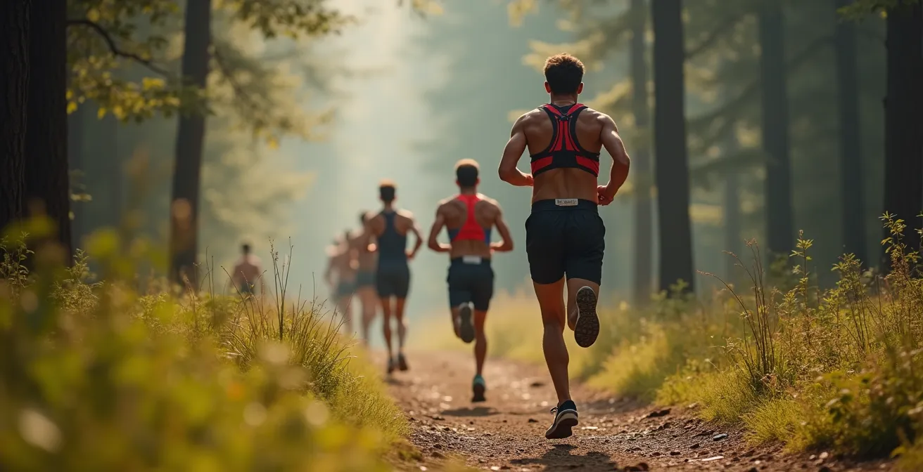 Photo réaliste d'un groupe de coureurs en action sur un chemin en forêt sous une lumière matinale douce