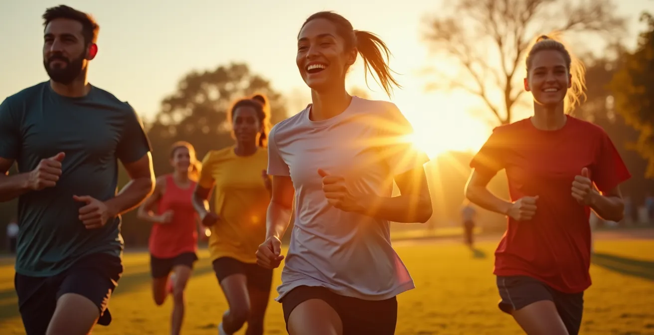 Photo réaliste d'un groupe de personnes sportives motivées s'entraînant ensemble en plein air avec un éclairage naturel cinématographique et un bokeh doux
