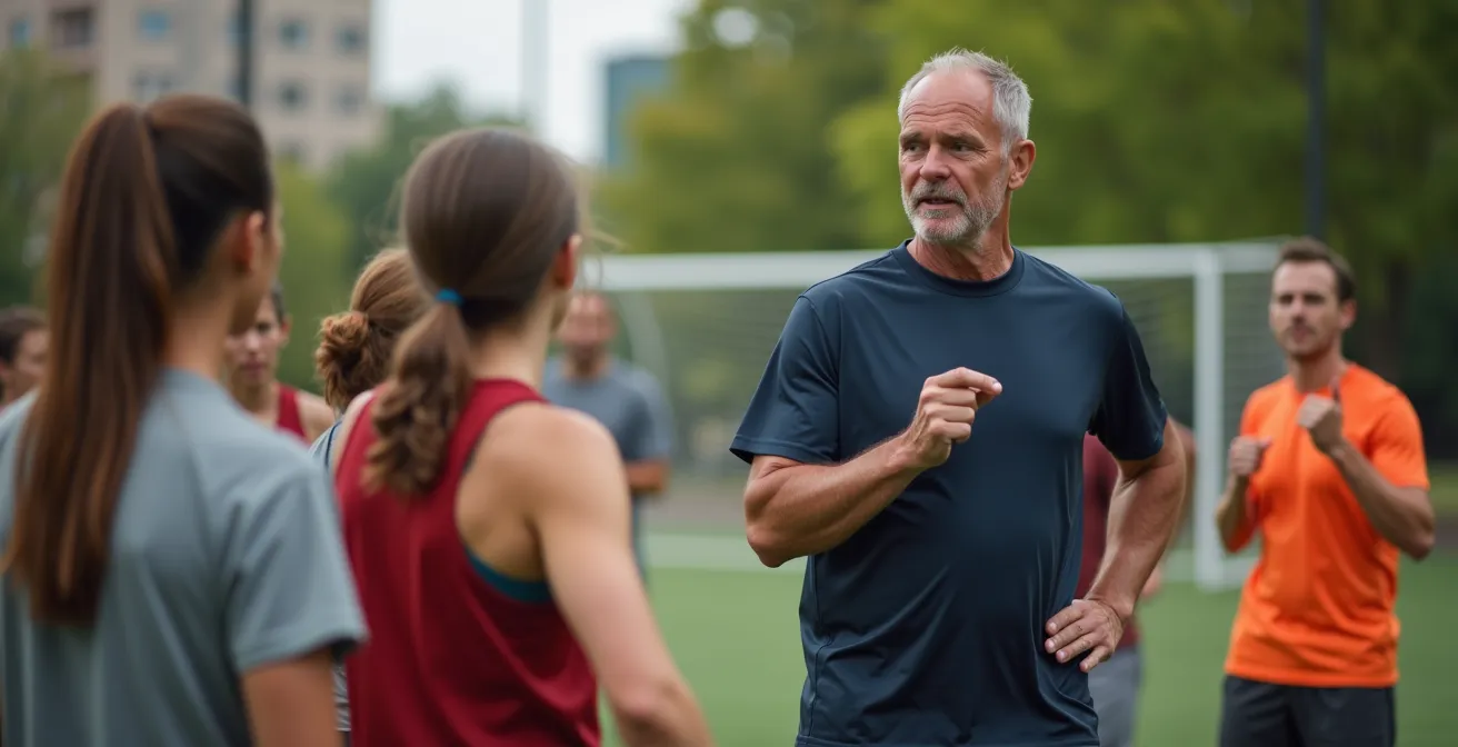 Photo réaliste d'un coach sportif dynamique encadrant un groupe de sportifs variés dans un parc urbain