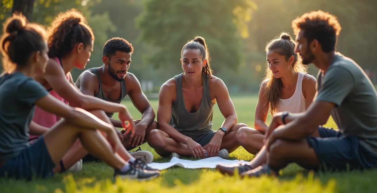 Groupe sportif diversifié assis en cercle en pleine nature lors d'une séance d'organisation et de planification